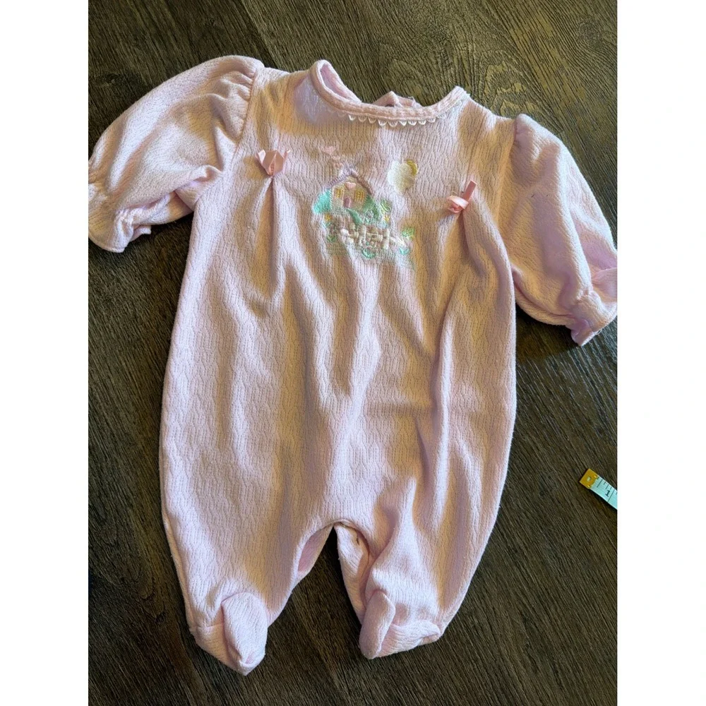 Vintage Pink Pointelle Baby Footed Sleeper Embroidered Cottage Lace Trim Pink 3m